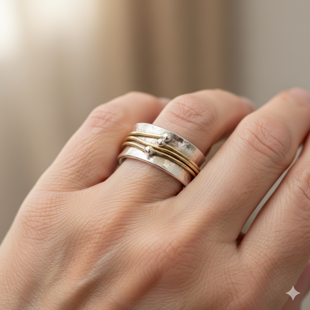 Anel Vintage Dourado com Camadas em Prateado