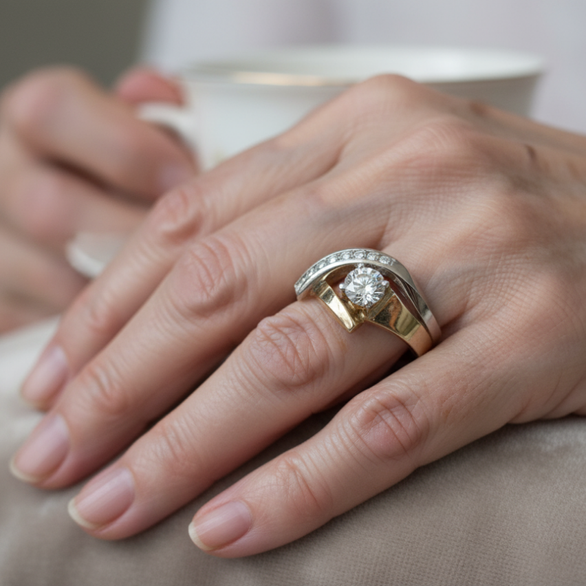 Anel Vintage Irregular em Dourado e Prateado com Zircónia