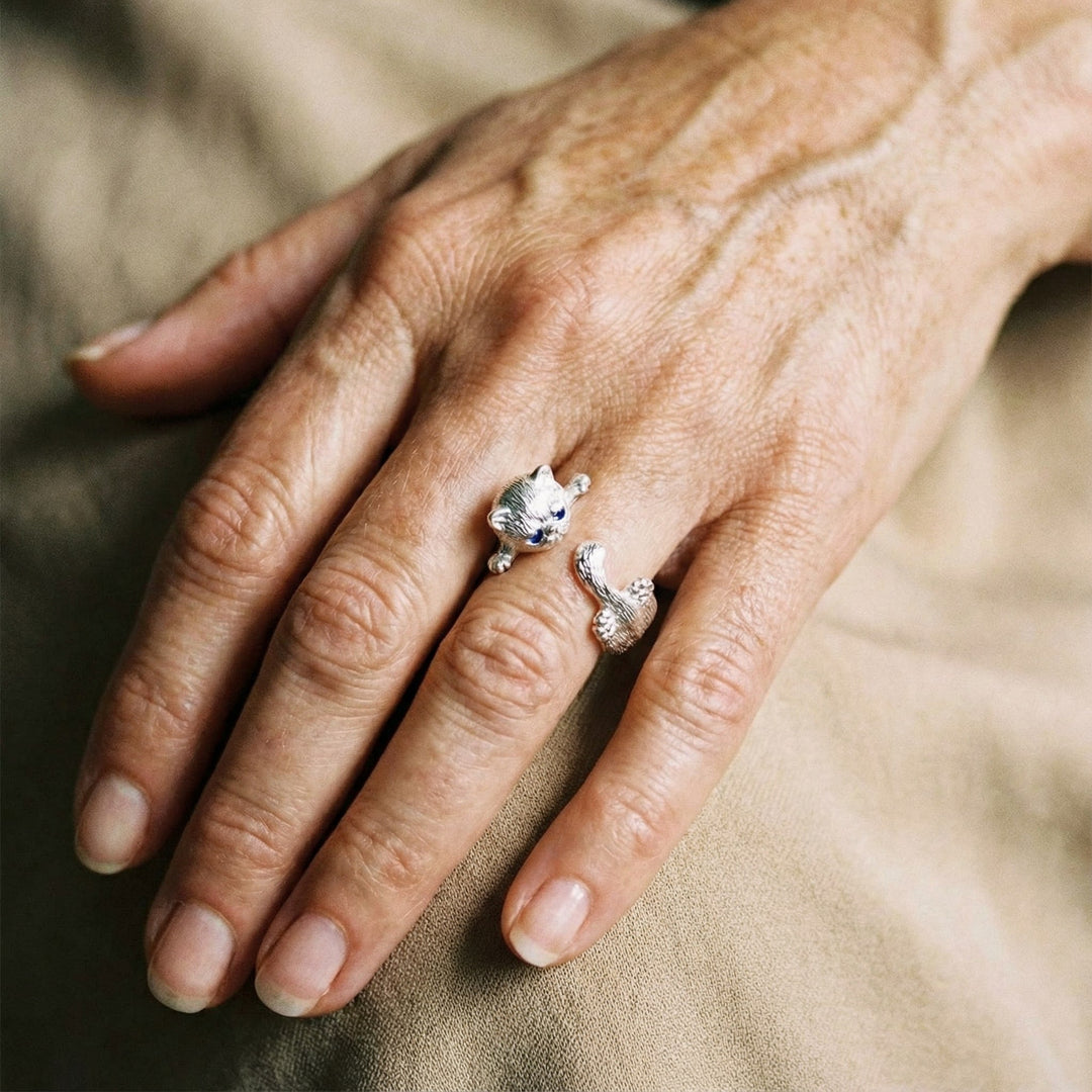 Anel Ajustável em Prata de Lei 925 com Gatinho