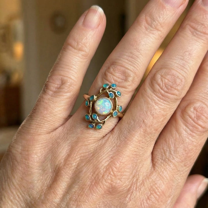 Anel Azul Vintage com Cristais e Opala